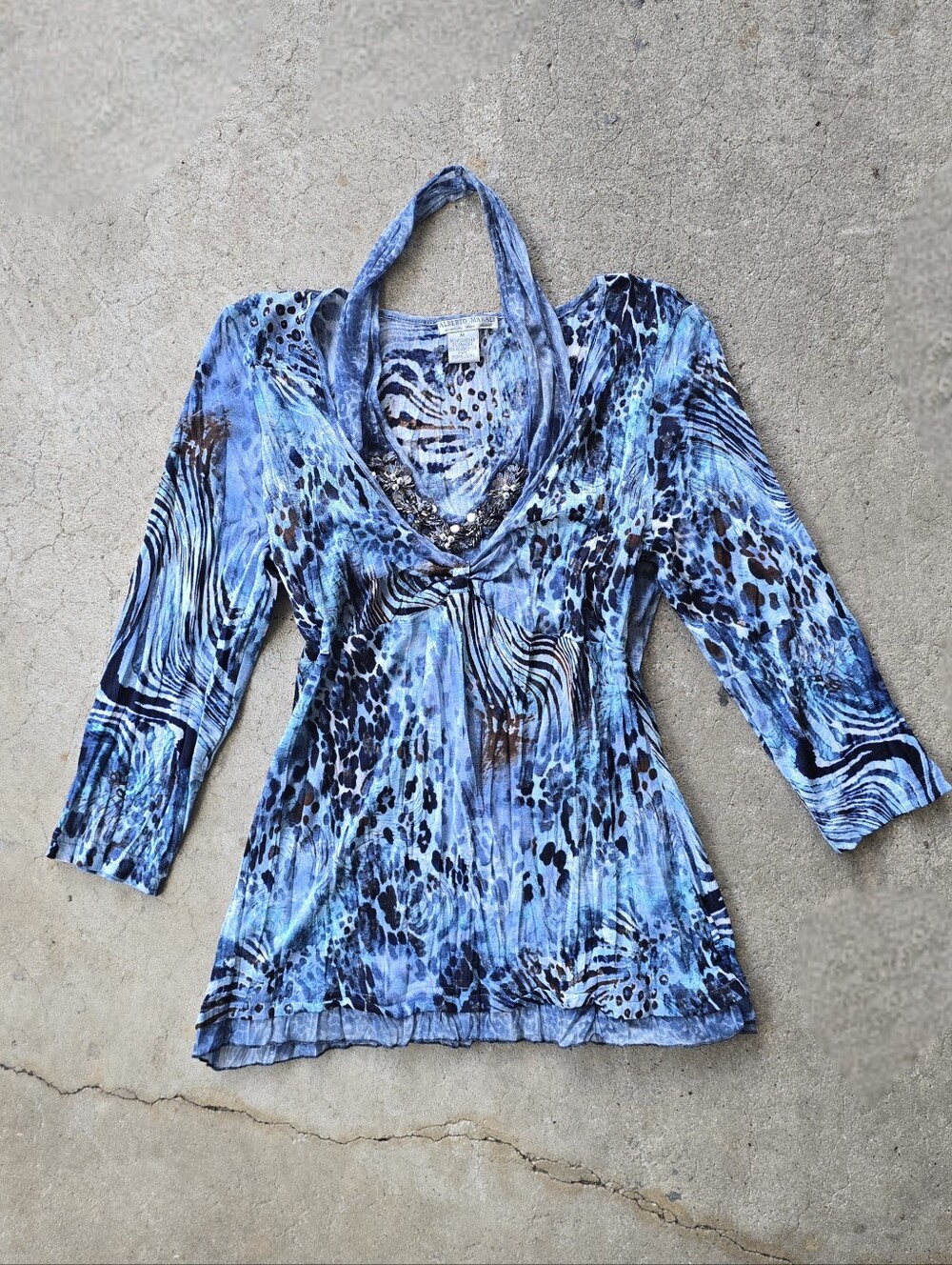 Vtg y2k Alberto Makali Leopard Animal Print Beaded Euro Halter Blouse Club Top M